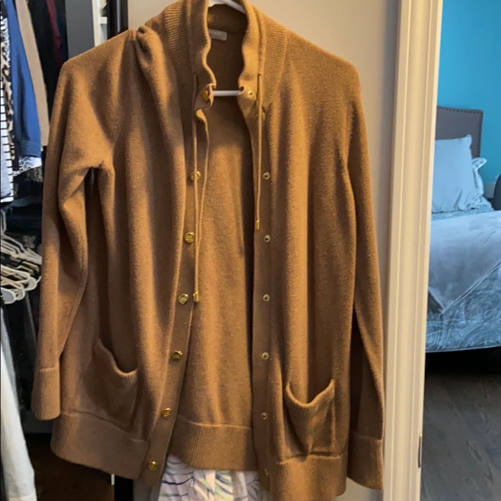 Tan gold hardware mock neck cardigan